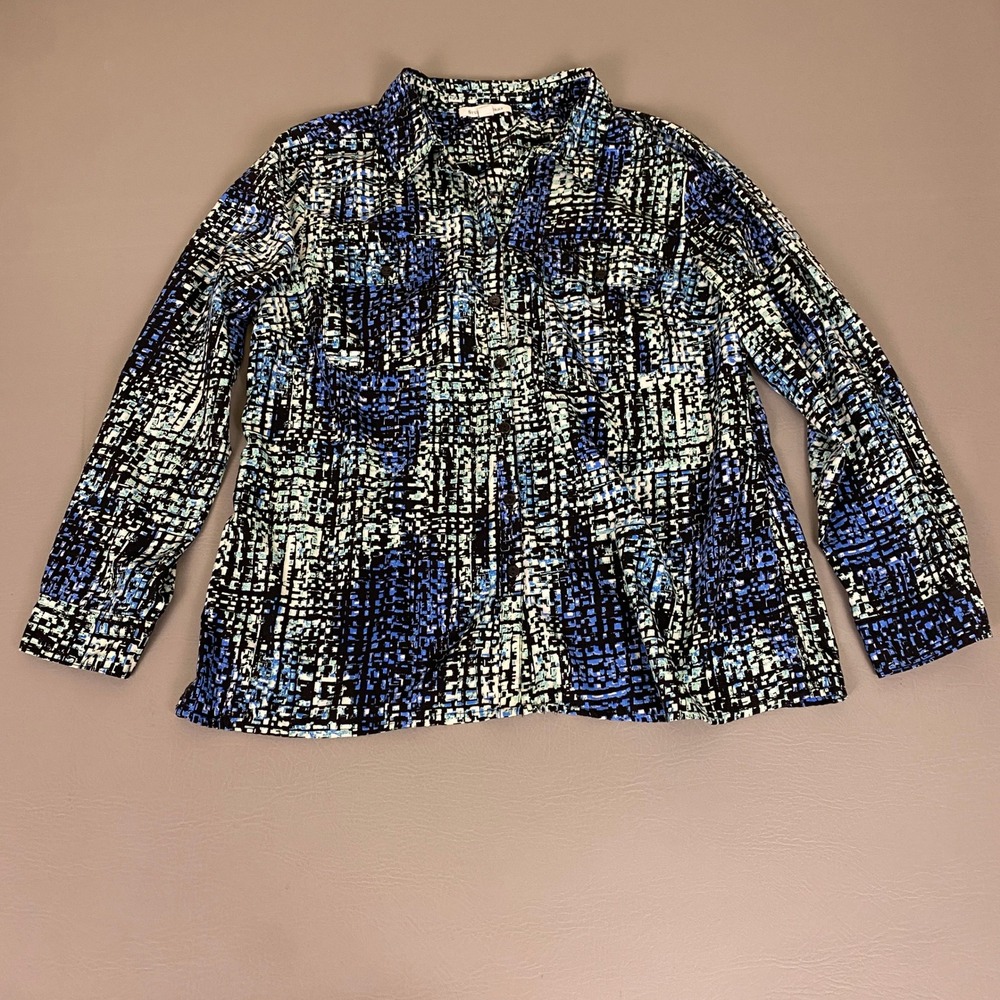 Studio Works Blouse Women's Size Large Blue Black Abstract Geometric Button Down